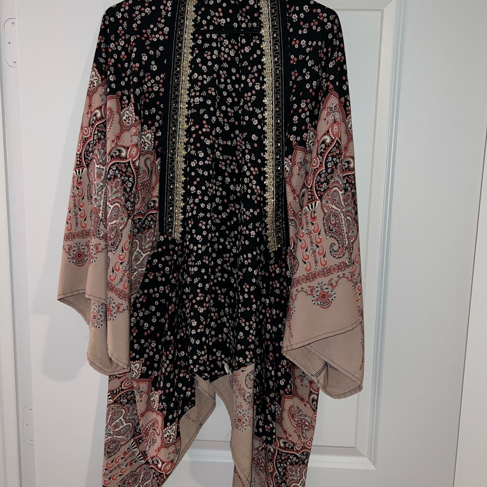 Boho Floral Paisley Mandala Kimono - Black and Blush